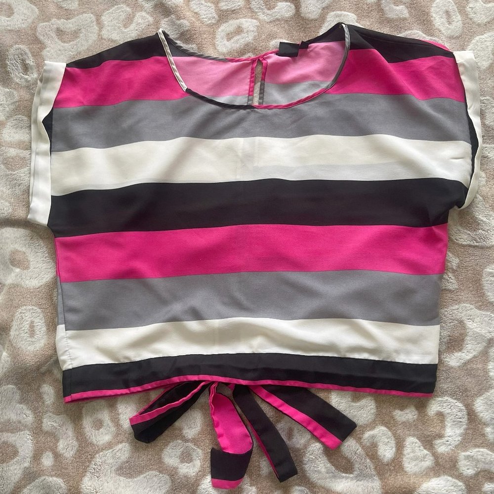 Material Girl Striped Slit Tie Back Crop Top- L